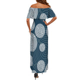 shephards race blue print Women's Off Shoulder Ruffle Boat Neck Dress (Model D71)