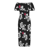 red accented white dragon on white print Women's Off Shoulder Ruffle Boat Neck Dress (Model D71)