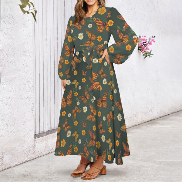 Butterfly Round Neck Long Sleeve Belted Maxi Dress