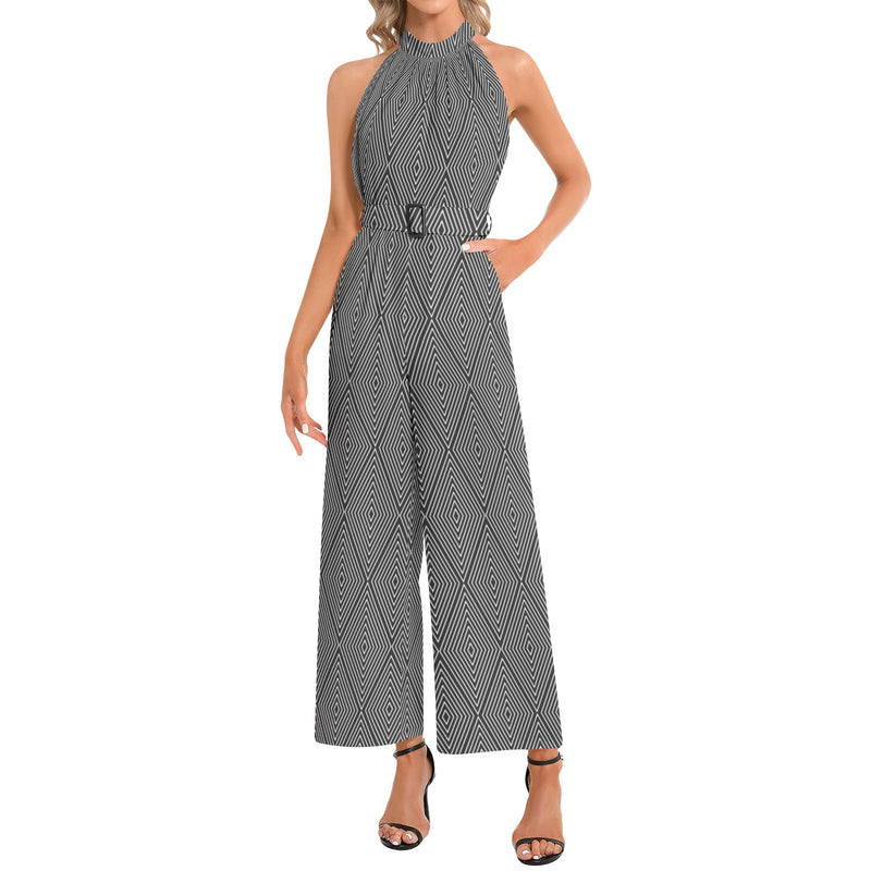 Diamond Life Halter Neck Buckle Belted Jumpsuit