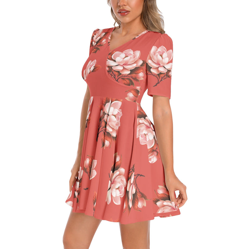 Short Sleeve Ruched Bust Flared Hem Dress