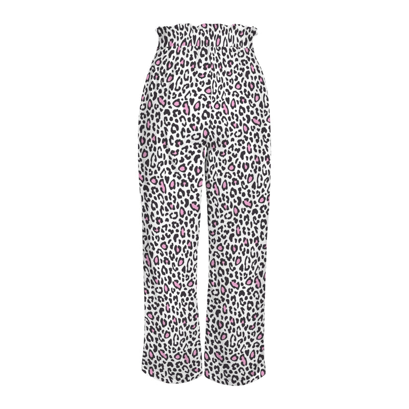 pink solid leopard accent Strappy Elastic Waist Wide Leg Pants with Pockets