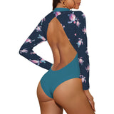 aqua green print 2A Backless Long Sleeve One-Piece Swimsuit (Model S60)