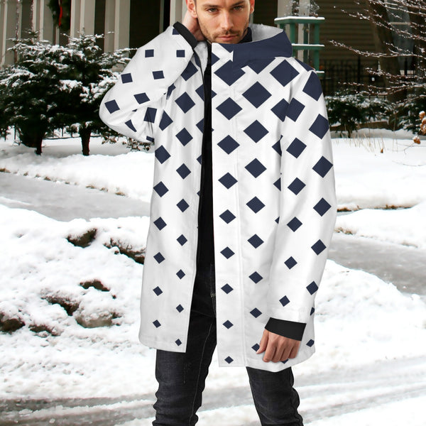 dk blue print 10K Men's Mid-Length Hooded Coat (Model H69)