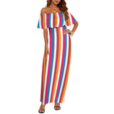 barcode color block striped print 2 Women's Off Shoulder Ruffle Boat Neck Dress (Model D71)