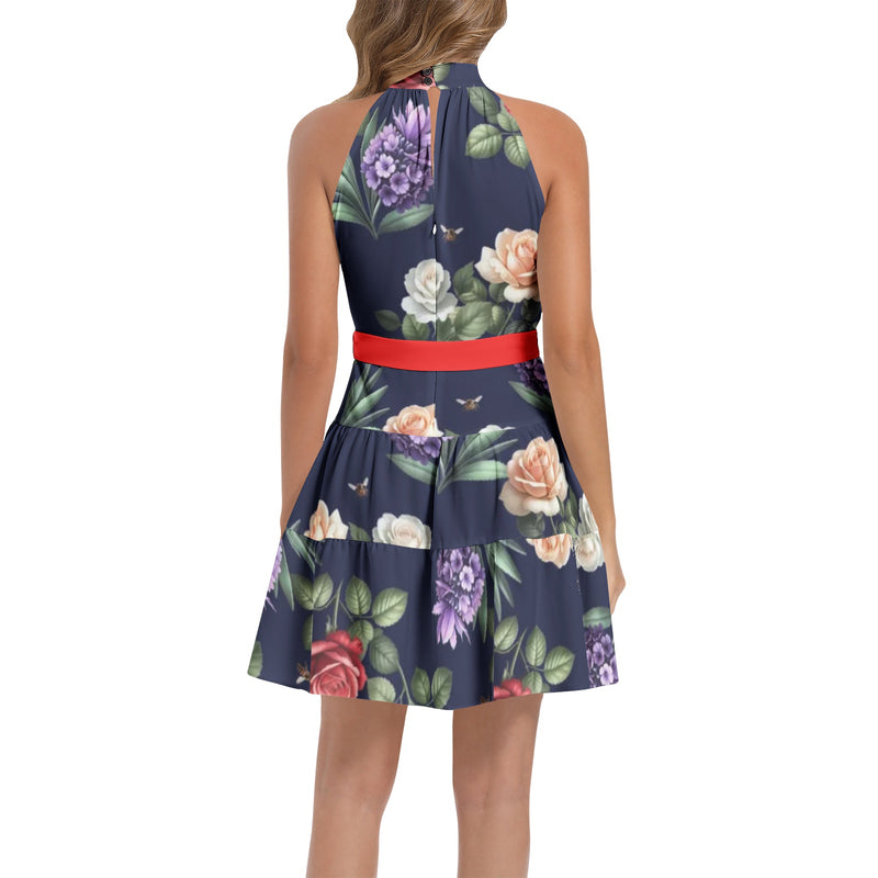Apiary Garden Ruffle Hem Belted Halter Dress