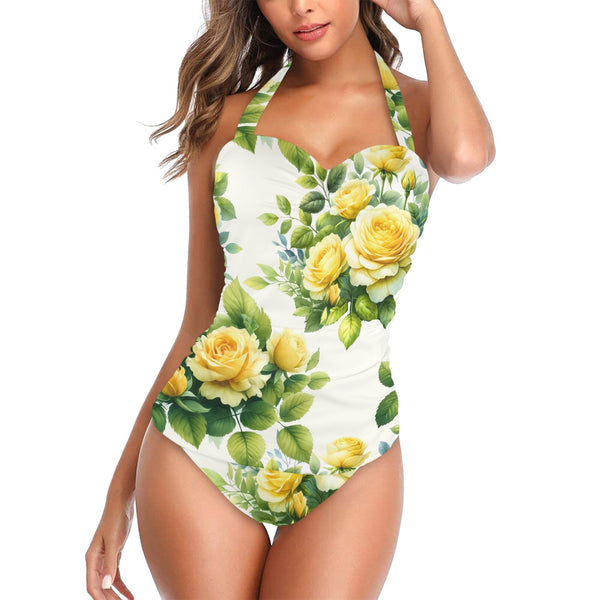 yellow rose print 4 Women's Halter Neck Gather Chest Swimsuit (Model S52)