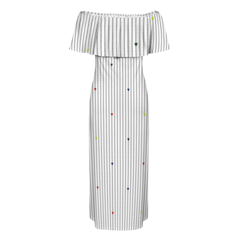 heart accent stripe accent print Women's Off Shoulder Ruffle Boat Neck Dress (Model D71)