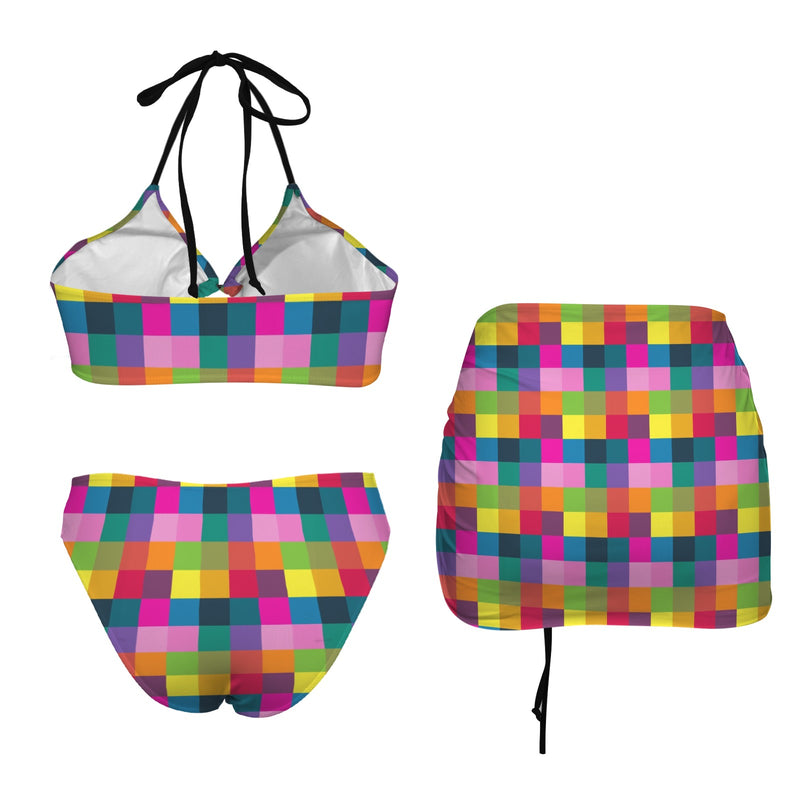 color matrix varied print Drawstring Halterneck Three-Piece Swimsuit Skirt