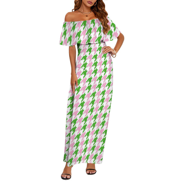 pink green print 5C Women's Off Shoulder Ruffle Boat Neck Dress (Model D71)
