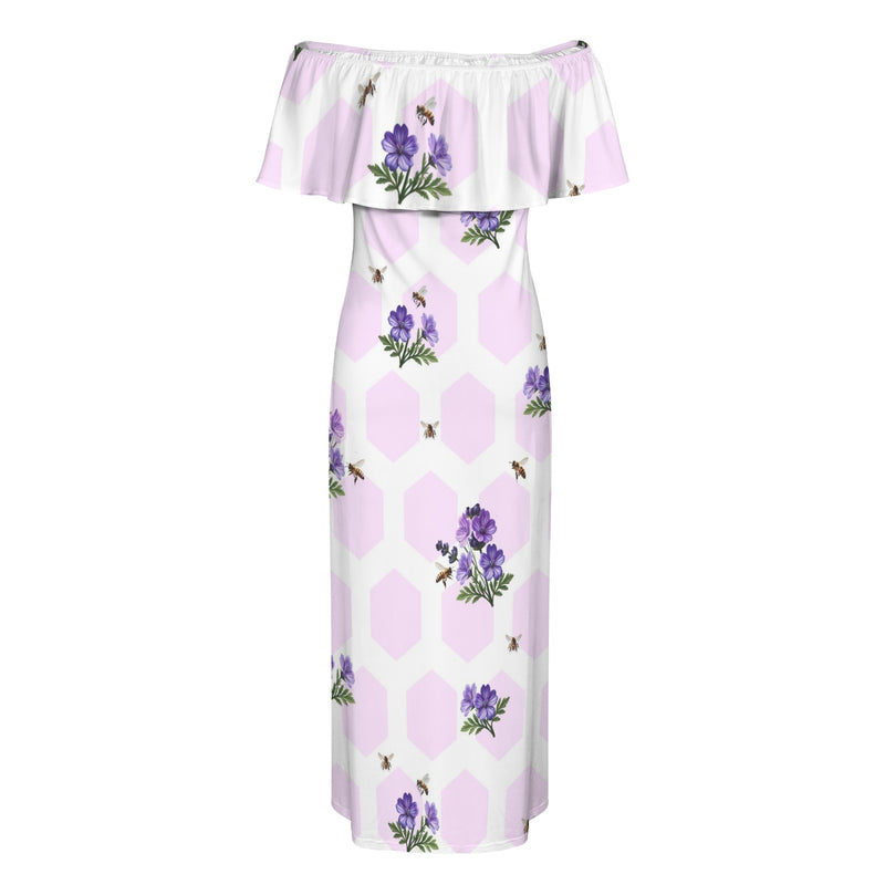 apiary print hex small Women's Off Shoulder Ruffle Boat Neck Dress (Model D71)