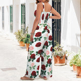 roses print pink red print Sleeveless Wide Leg Pocket Long Jumpsuit