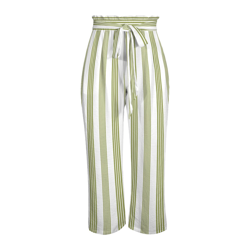 2 d08 pepper green stripes front Strappy Elastic Waist Wide Leg Pants with Pockets
