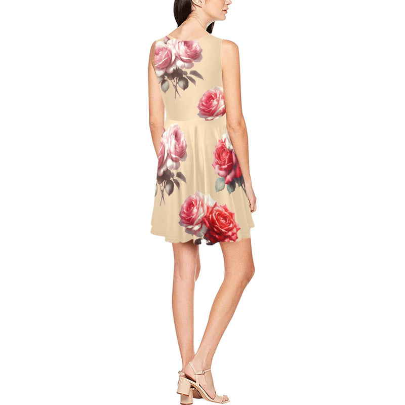 big rose print pink and red Thea Sleeveless Skater Dress(Model D19)