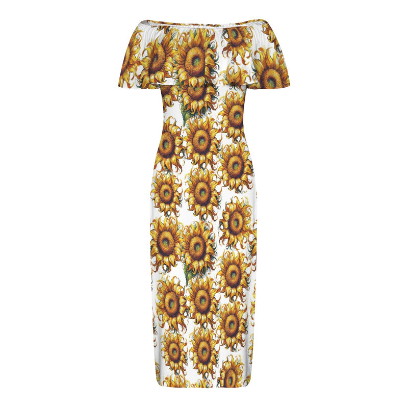 sunflower on white print 2A Women's Off Shoulder Ruffle Boat Neck Dress (Model D71)