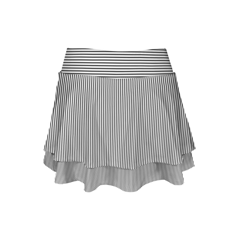 striped bw print 2 High Waist Layered Ruffle Pockets Sports Skirt