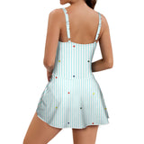 heart on stripes print light blue Women's One Piece Skirted Swimsuit (Model S54)