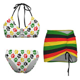red gold green black stripes print Drawstring Halterneck Three-Piece Swimsuit Skirt