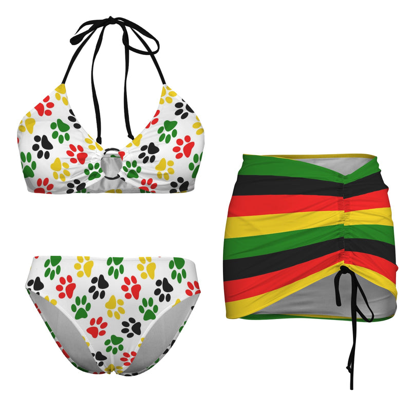 red gold green black stripes print Drawstring Halterneck Three-Piece Swimsuit Skirt