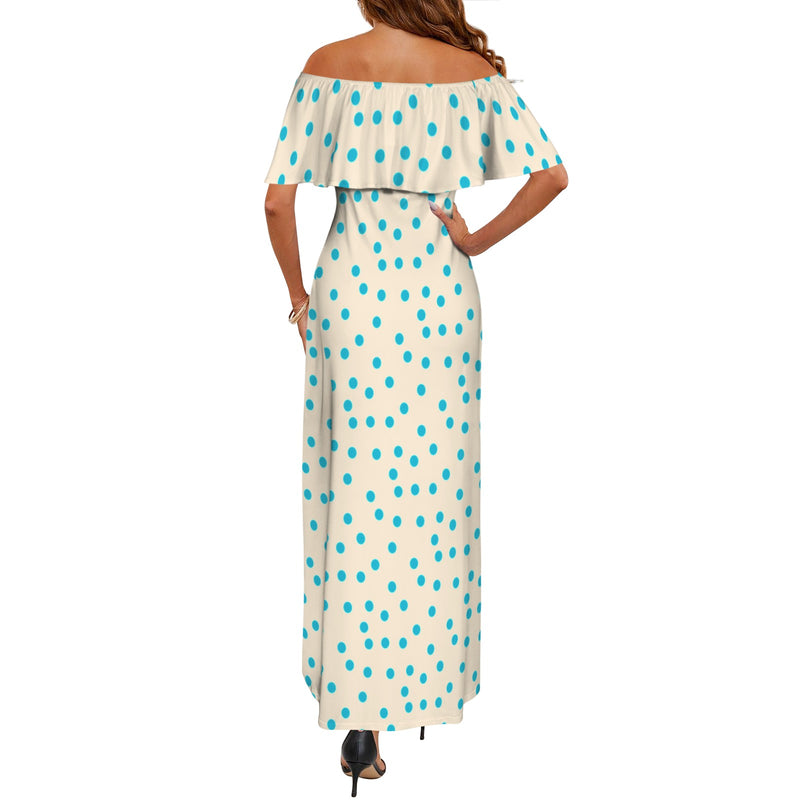 lt blue polka dot print 2C Women's Off Shoulder Ruffle Boat Neck Dress  (Model D71)