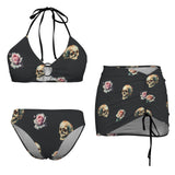 skull and roses print 3 copy Drawstring Halterneck Three-Piece Swimsuit Skirt