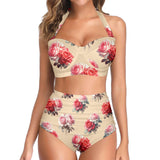 big rose print pink and red Women's Halter Neck Gather Chest Bikini Swimsuit (Model S53)