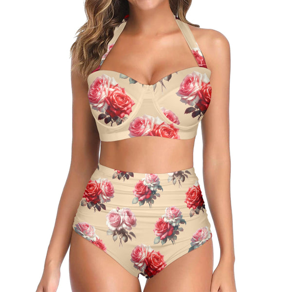 big rose print pink and red Women's Halter Neck Gather Chest Bikini Swimsuit (Model S53)