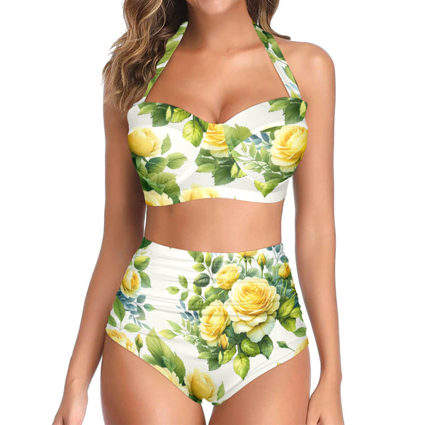 yellow rose print 4 Women's Halter Neck Gather Chest Bikini Swimsuit (Model S53)