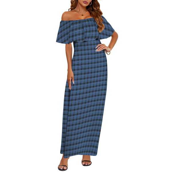 blue plaid print 4A Women's Off Shoulder Ruffle Boat Neck Dress (Model D71)