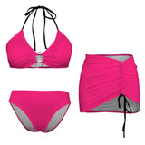 fuchsia print solid Drawstring Halterneck Three-Piece Swimsuit Skirt