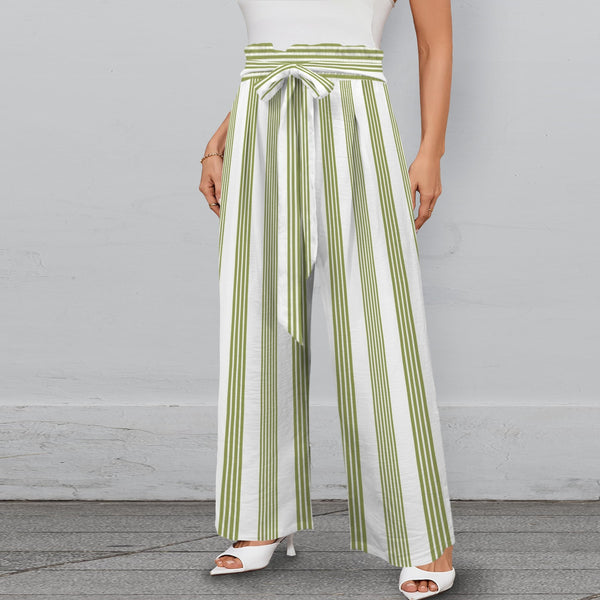 2 d08 pepper green stripes front Strappy Elastic Waist Wide Leg Pants with Pockets