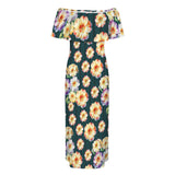 floral garden striped green Women's Off Shoulder Ruffle Boat Neck Dress (Model D71)