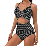 rings white print Women's Twist Front Tie Back Swimsuit (Model S57)
