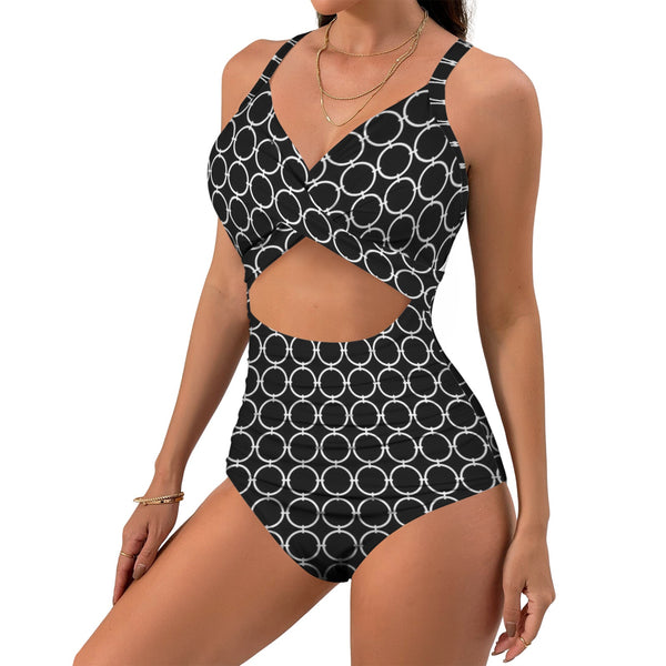 rings white print Women's Twist Front Tie Back Swimsuit (Model S57)