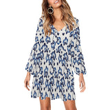 orchid print delft blue ombre V-Neck Loose Fit Dress (Model D62)