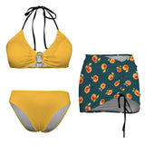apple gold green print 4C Drawstring Halterneck Three-Piece Swimsuit Skirt