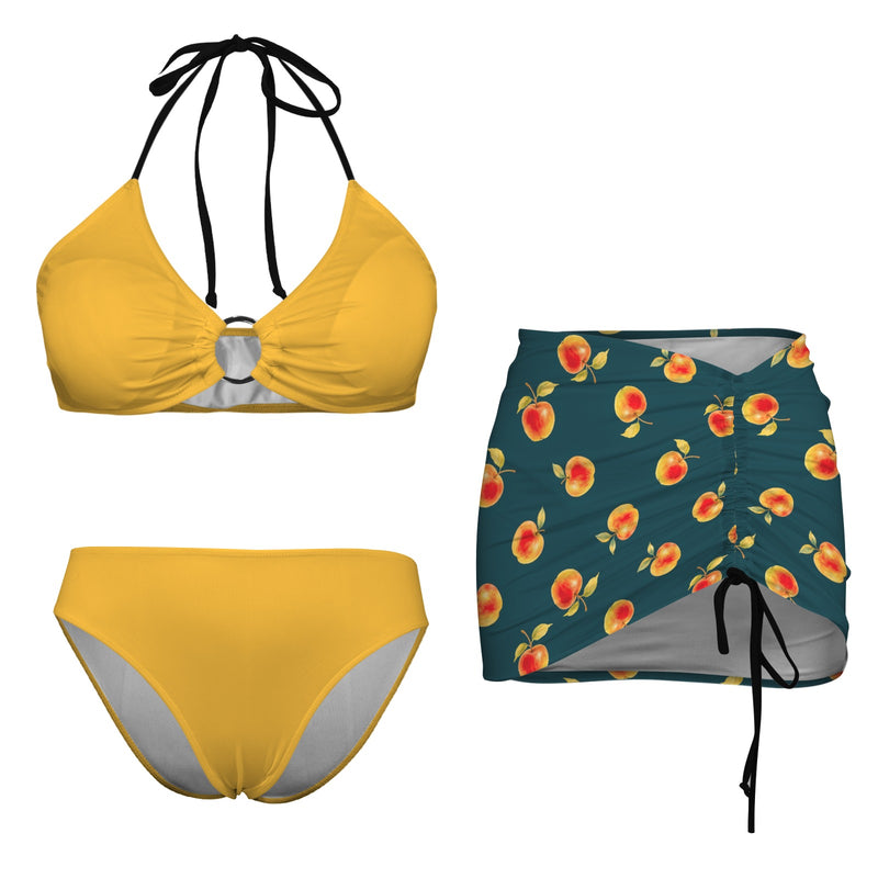 apple gold green print 4C Drawstring Halterneck Three-Piece Swimsuit Skirt