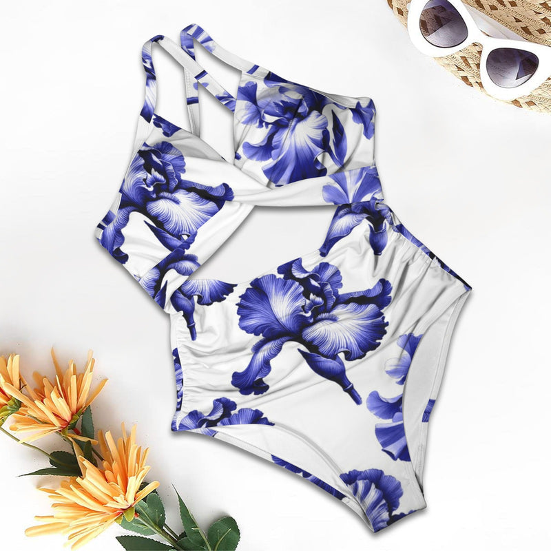 delft iris print 10B Women's Twist Front Tie Back Swimsuit (Model S57)