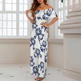 white iris print Women's Off Shoulder Ruffle Boat Neck Dress (Model D71)