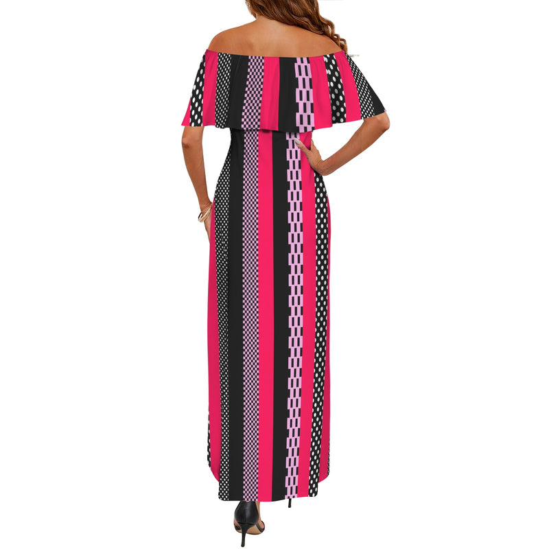 eclectic stripe print 4 Women's Off Shoulder Ruffle Boat Neck Dress (Model D71)