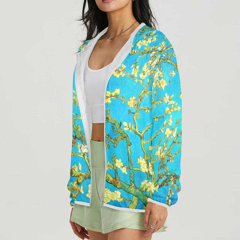 2 small blue almond art Women's Lightweight Sun Protection Hoodie (Model H62)