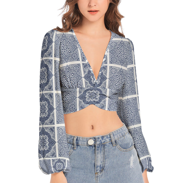 Women's Deep V-Neck Lantern Sleeve Crop Top