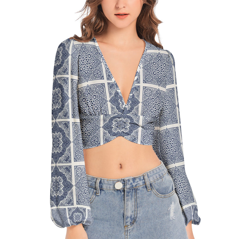 Women's Deep V-Neck Lantern Sleeve Crop Top