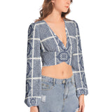 Women's Deep V-Neck Lantern Sleeve Crop Top