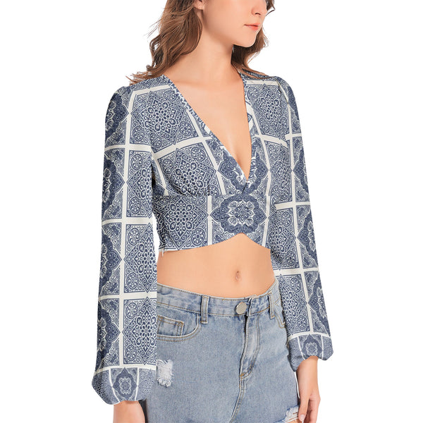 Women's Deep V-Neck Lantern Sleeve Crop Top