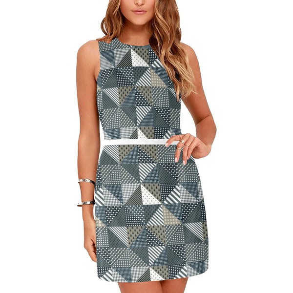 xmas split tone patchwork print Eos Women's Sleeveless Dress (Model D01)