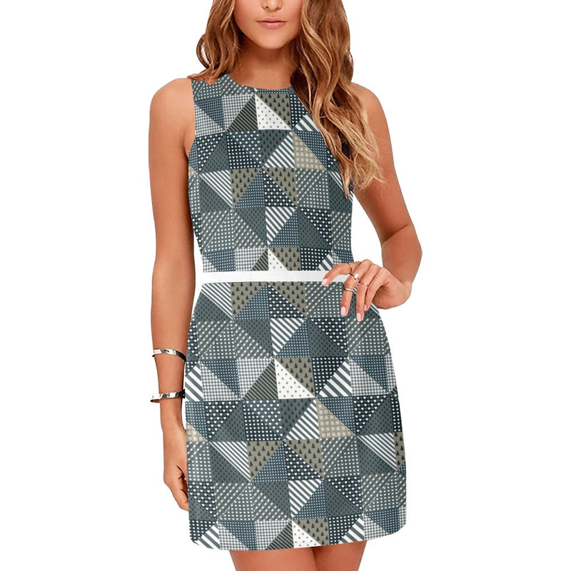 xmas split tone patchwork print Eos Women's Sleeveless Dress (Model D01)