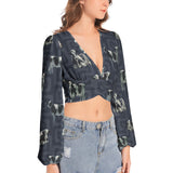 Women's Deep V-Neck Lantern Sleeve Crop Top