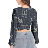 Women's Deep V-Neck Lantern Sleeve Crop Top