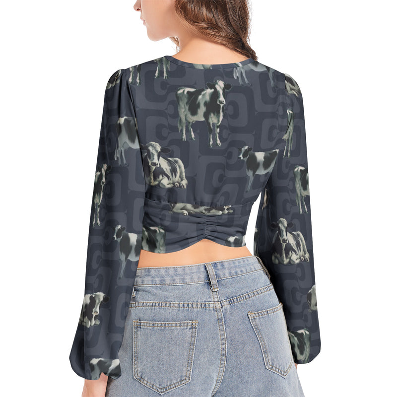 Women's Deep V-Neck Lantern Sleeve Crop Top